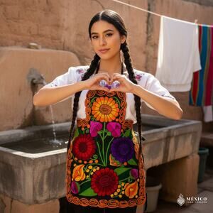 Mexican Embroidered Bib Apron for Women – Multicolor with Floral Design